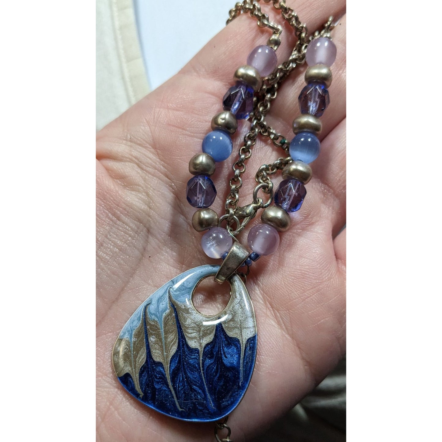 Abstract Beaded Necklace With Blue And Silver Tone Enamel Pendant