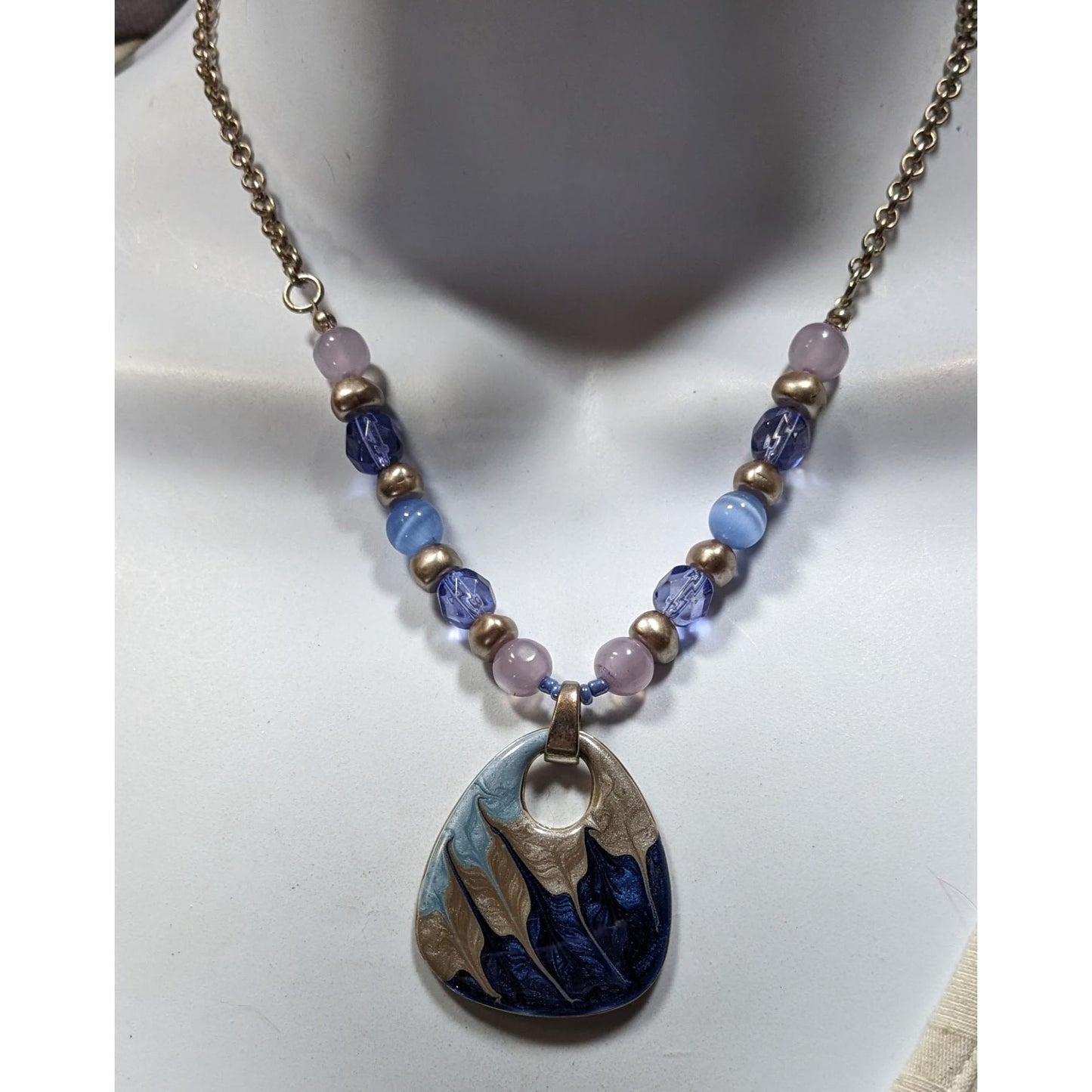 Abstract Beaded Necklace With Blue And Silver Tone Enamel Pendant