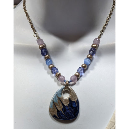 Abstract Beaded Necklace With Blue And Silver Tone Enamel Pendant
