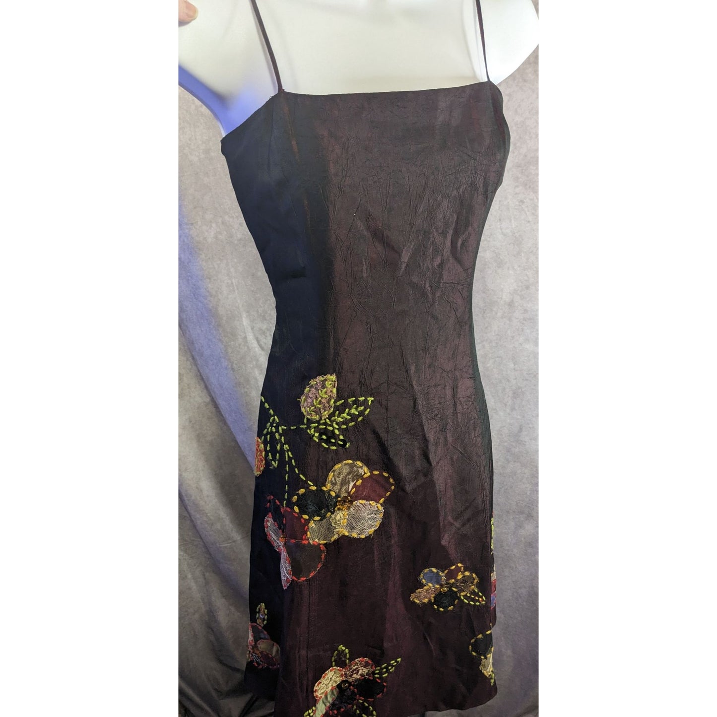 Cranberry Raw Silk Formal Dress With Embroidered Floral Accents