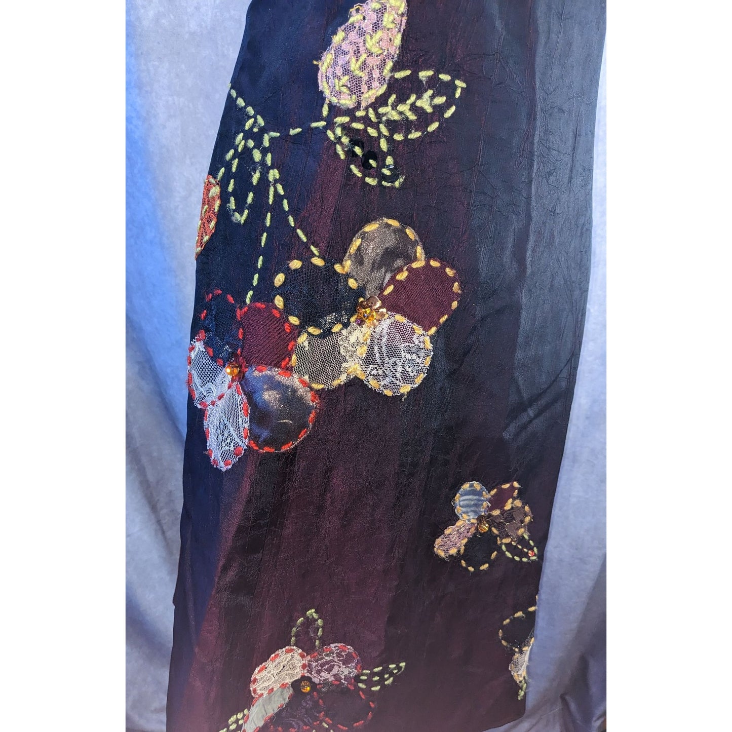 Cranberry Raw Silk Formal Dress With Embroidered Floral Accents