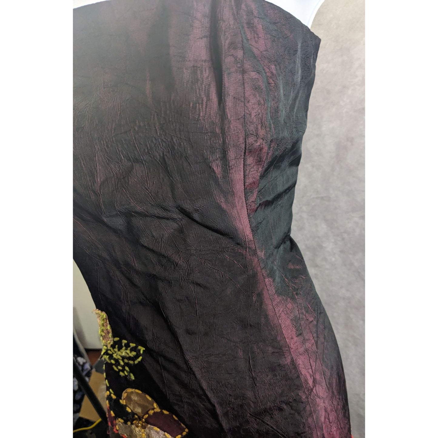 Cranberry Raw Silk Formal Dress With Embroidered Floral Accents