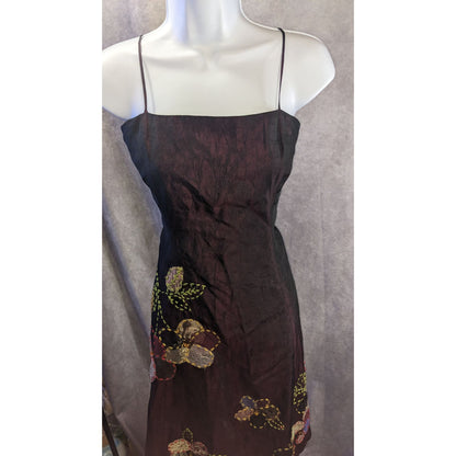 Cranberry Raw Silk Formal Dress With Embroidered Floral Accents