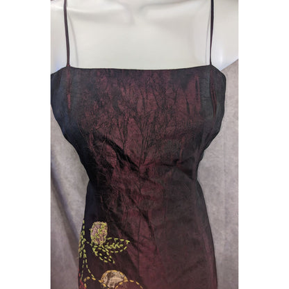 Cranberry Raw Silk Formal Dress With Embroidered Floral Accents