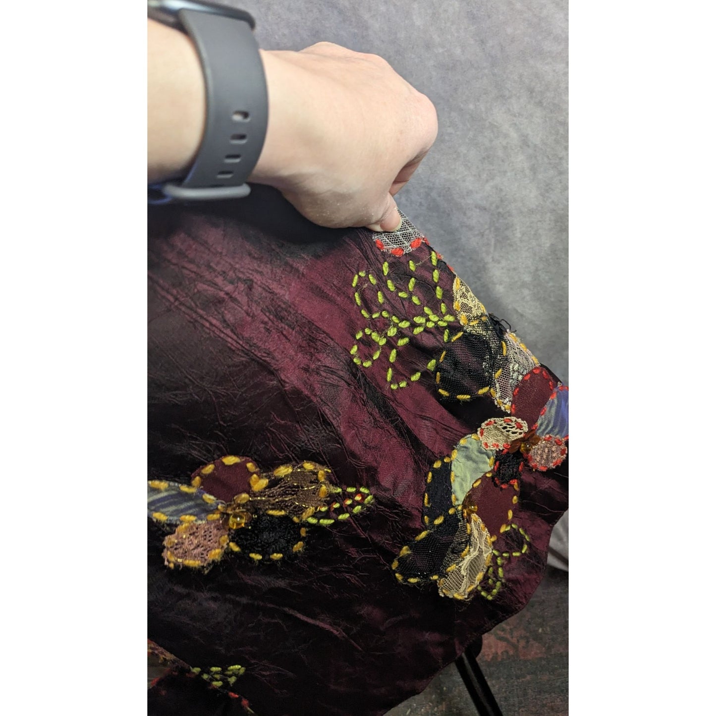 Cranberry Raw Silk Formal Dress With Embroidered Floral Accents