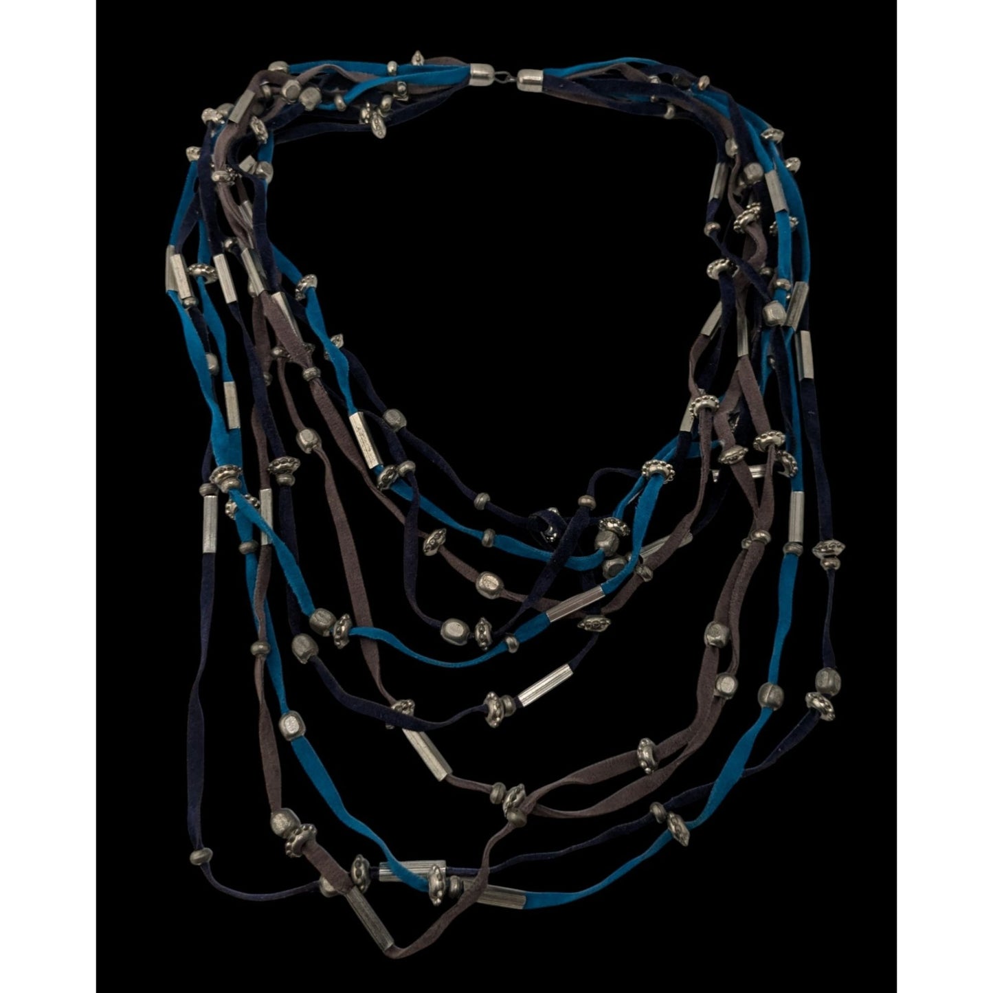 Faux Suede Layered Necklace Blue Brown Silver Boho Festival Jewelry