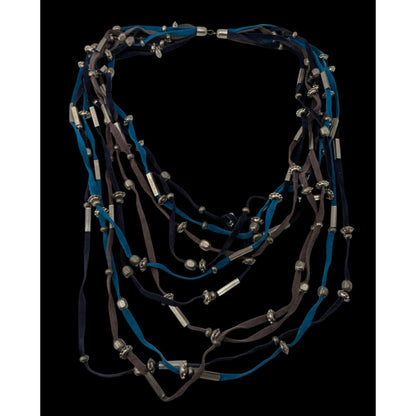 Faux Suede Layered Necklace Blue Brown Silver Boho Festival Jewelry