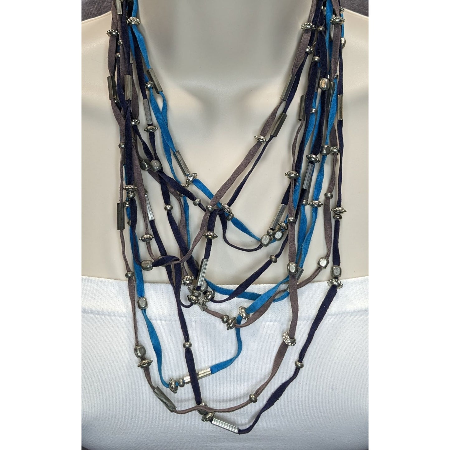 Faux Suede Layered Necklace Blue Brown Silver Boho Festival Jewelry