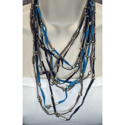 Faux Suede Layered Necklace Blue Brown Silver Boho Festival Jewelry