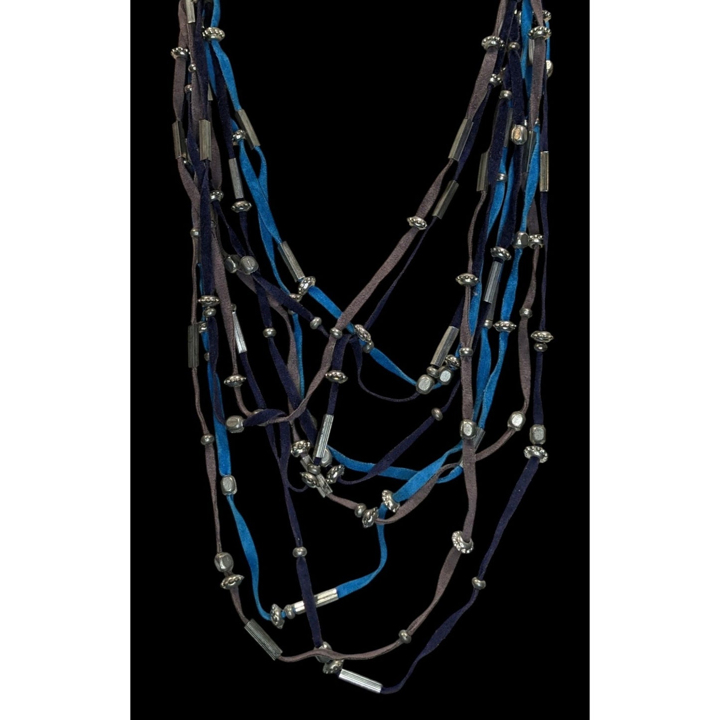 Faux Suede Layered Necklace Blue Brown Silver Boho Festival Jewelry