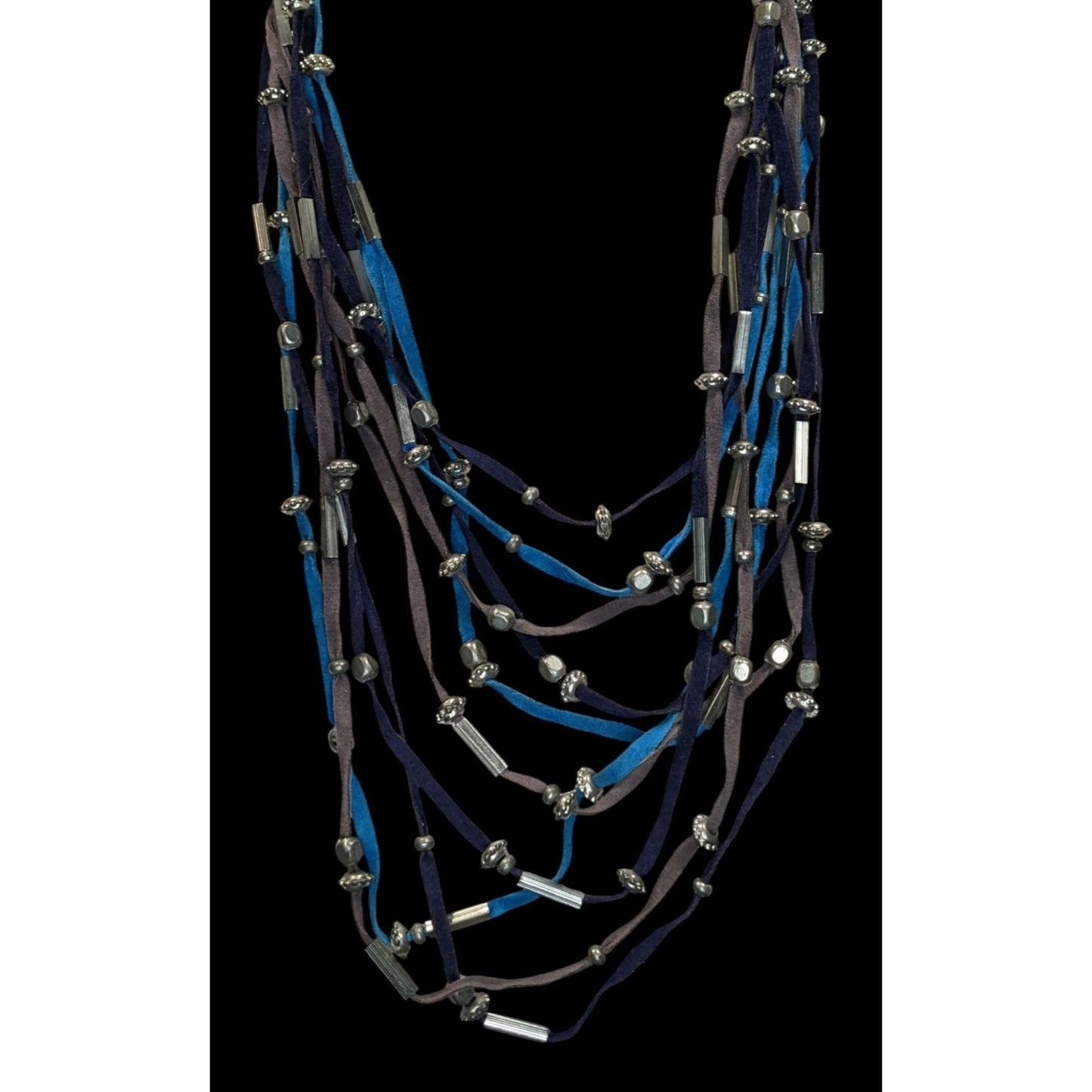 Faux Suede Layered Necklace Blue Brown Silver Boho Festival Jewelry