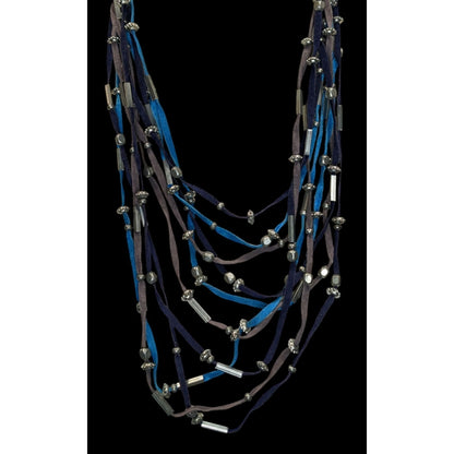 Faux Suede Layered Necklace Blue Brown Silver Boho Festival Jewelry