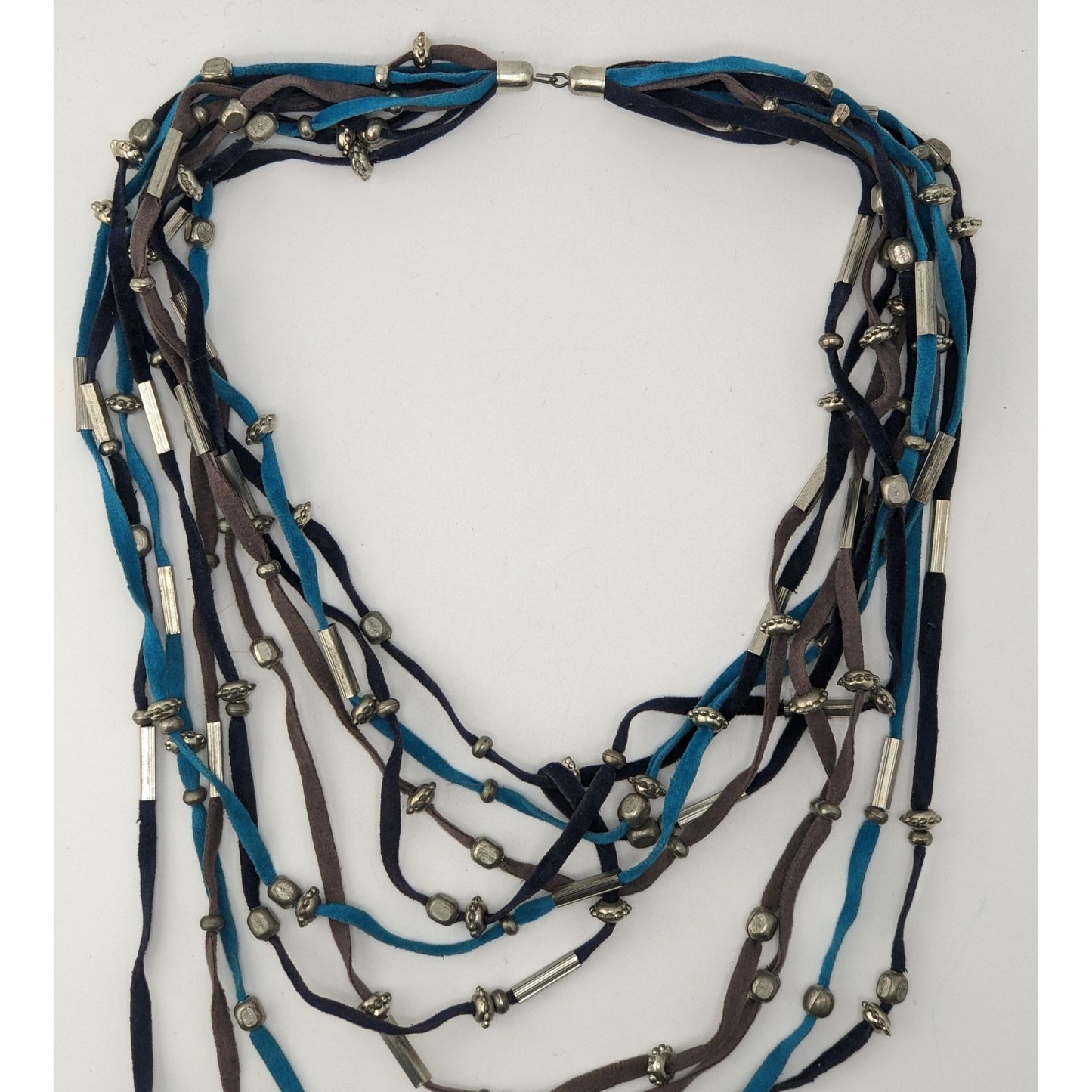 Faux Suede Layered Necklace Blue Brown Silver Boho Festival Jewelry