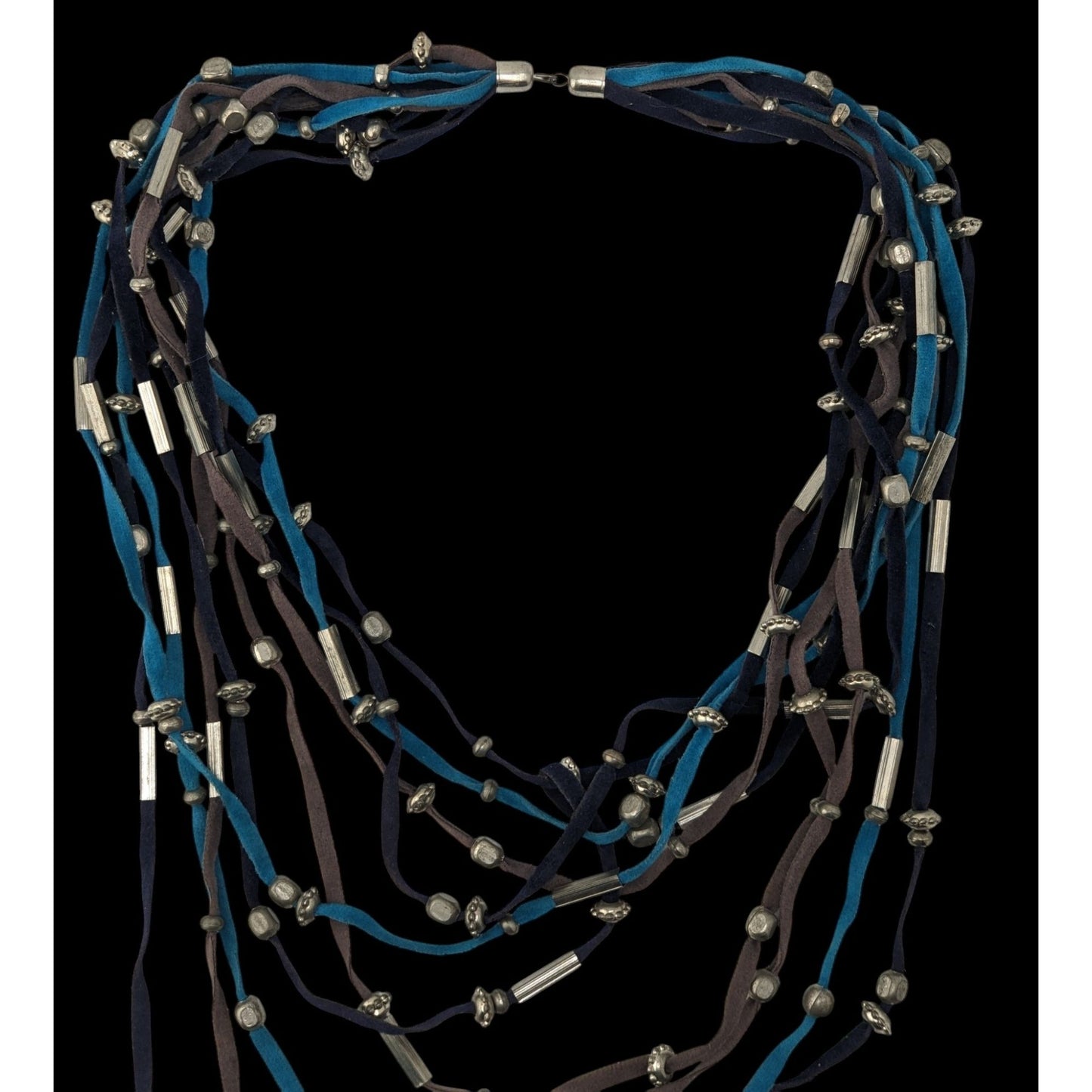 Faux Suede Layered Necklace Blue Brown Silver Boho Festival Jewelry