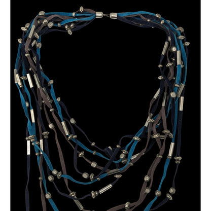 Faux Suede Layered Necklace Blue Brown Silver Boho Festival Jewelry