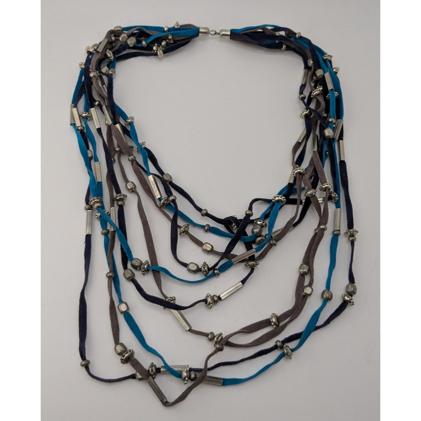 Faux Suede Layered Necklace Blue Brown Silver Boho Festival Jewelry