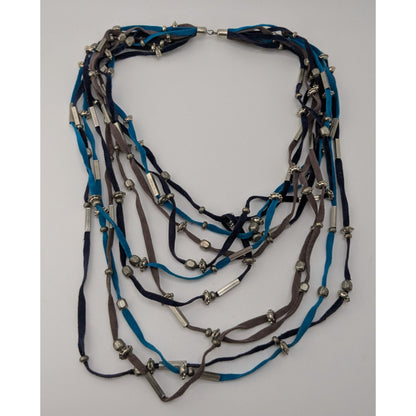 Faux Suede Layered Necklace Blue Brown Silver Boho Festival Jewelry