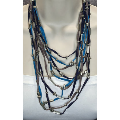 Faux Suede Layered Necklace Blue Brown Silver Boho Festival Jewelry