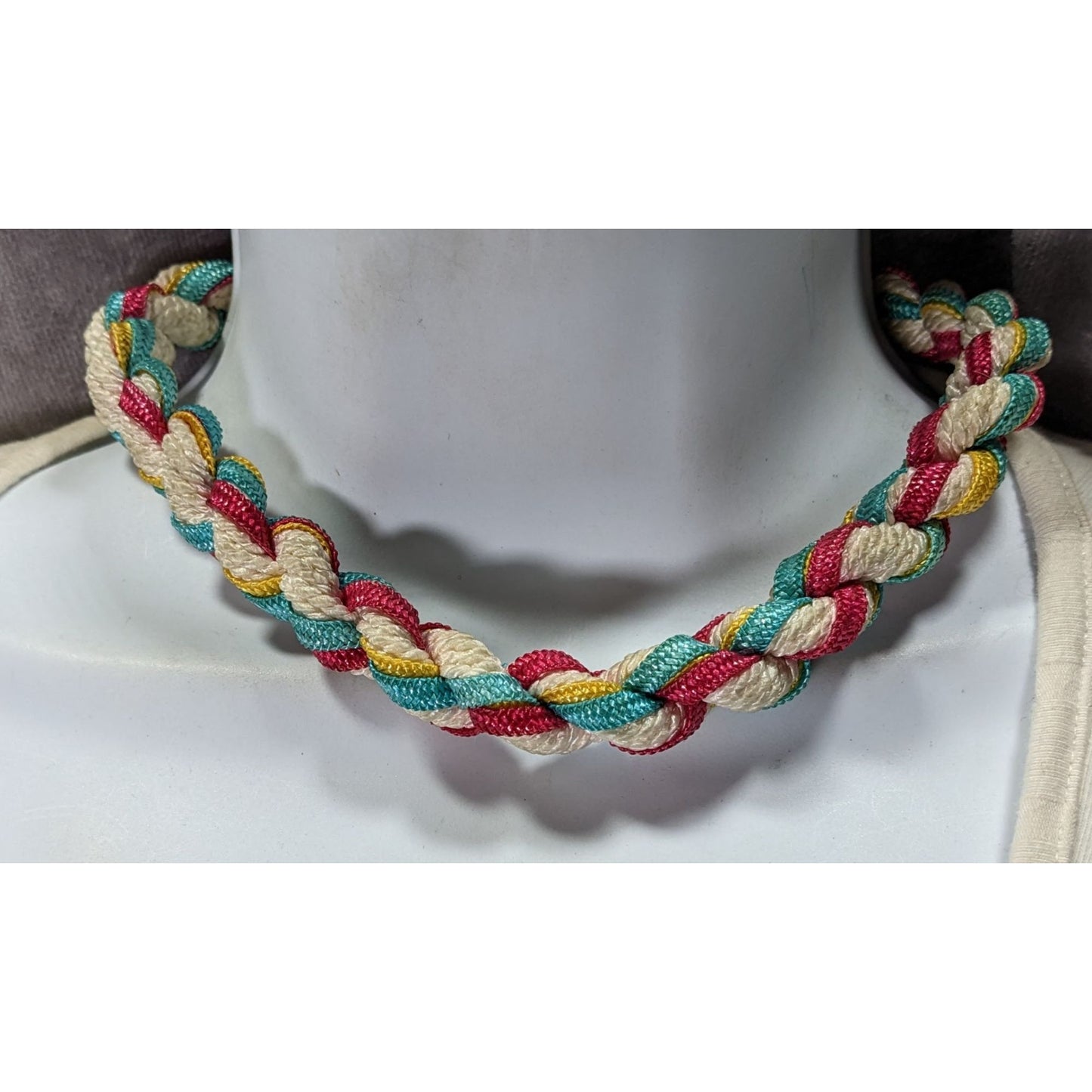 Rustic Nostalgic Braided Multicolor Rope Necklace With Gold-Tone Clasp