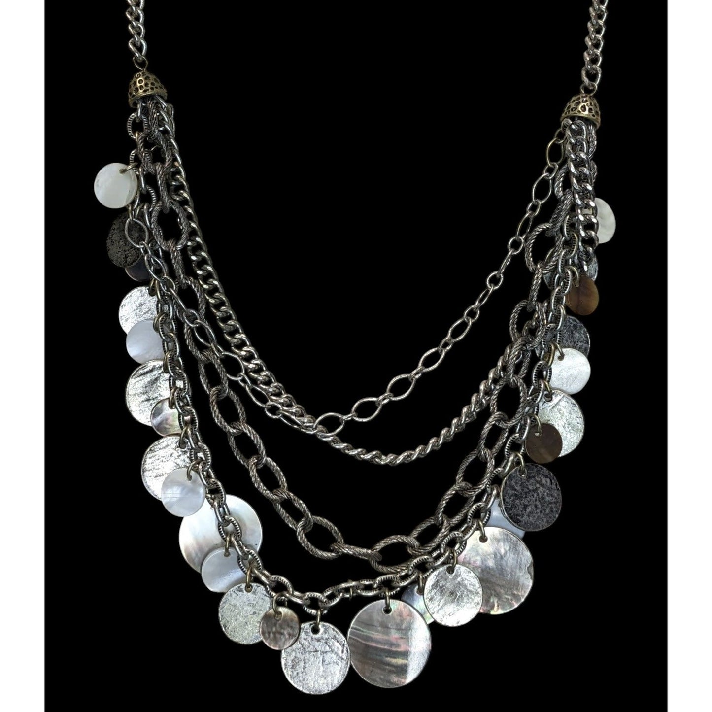 Vintage Layered Chain Necklace Silver Tone Shell Disc Charm Boho Festival