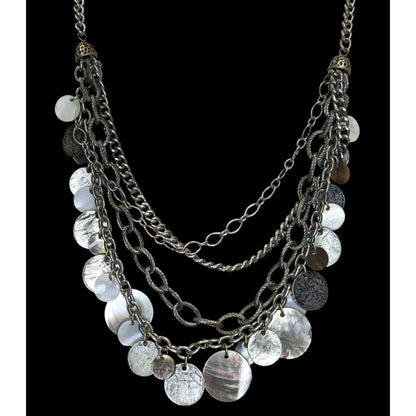 Vintage Layered Chain Necklace Silver Tone Shell Disc Charm Boho Festival