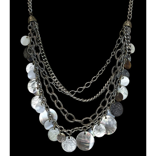Vintage Layered Chain Necklace Silver Tone Shell Disc Charm Boho Festival