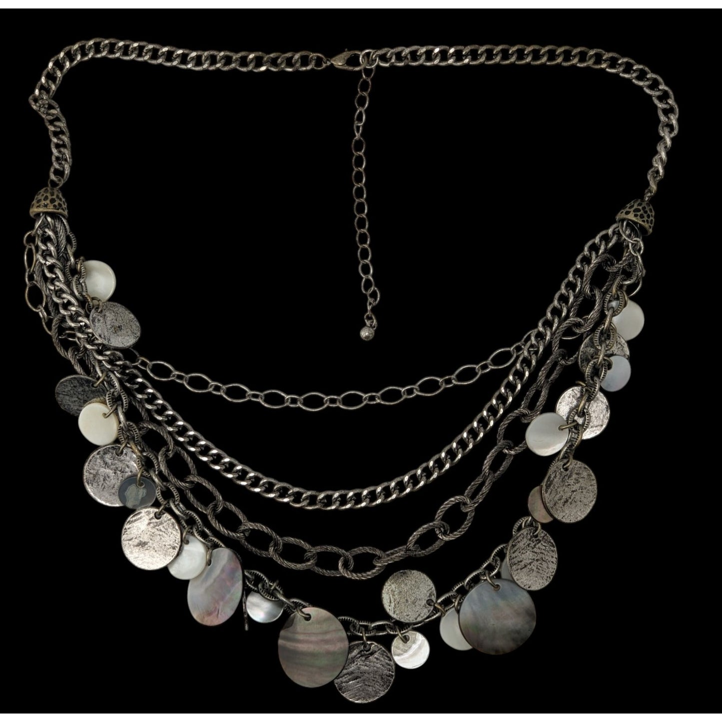 Vintage Layered Chain Necklace Silver Tone Shell Disc Charm Boho Festival