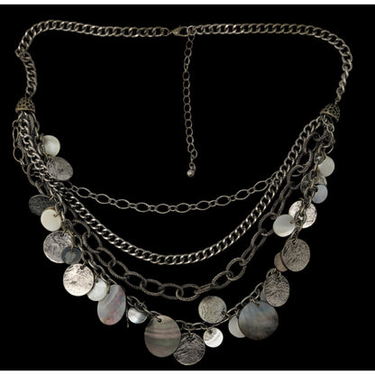 Vintage Layered Chain Necklace Silver Tone Shell Disc Charm Boho Festival