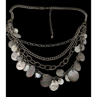 Vintage Layered Chain Necklace Silver Tone Shell Disc Charm Boho Festival