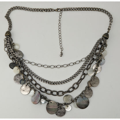 Vintage Layered Chain Necklace Silver Tone Shell Disc Charm Boho Festival