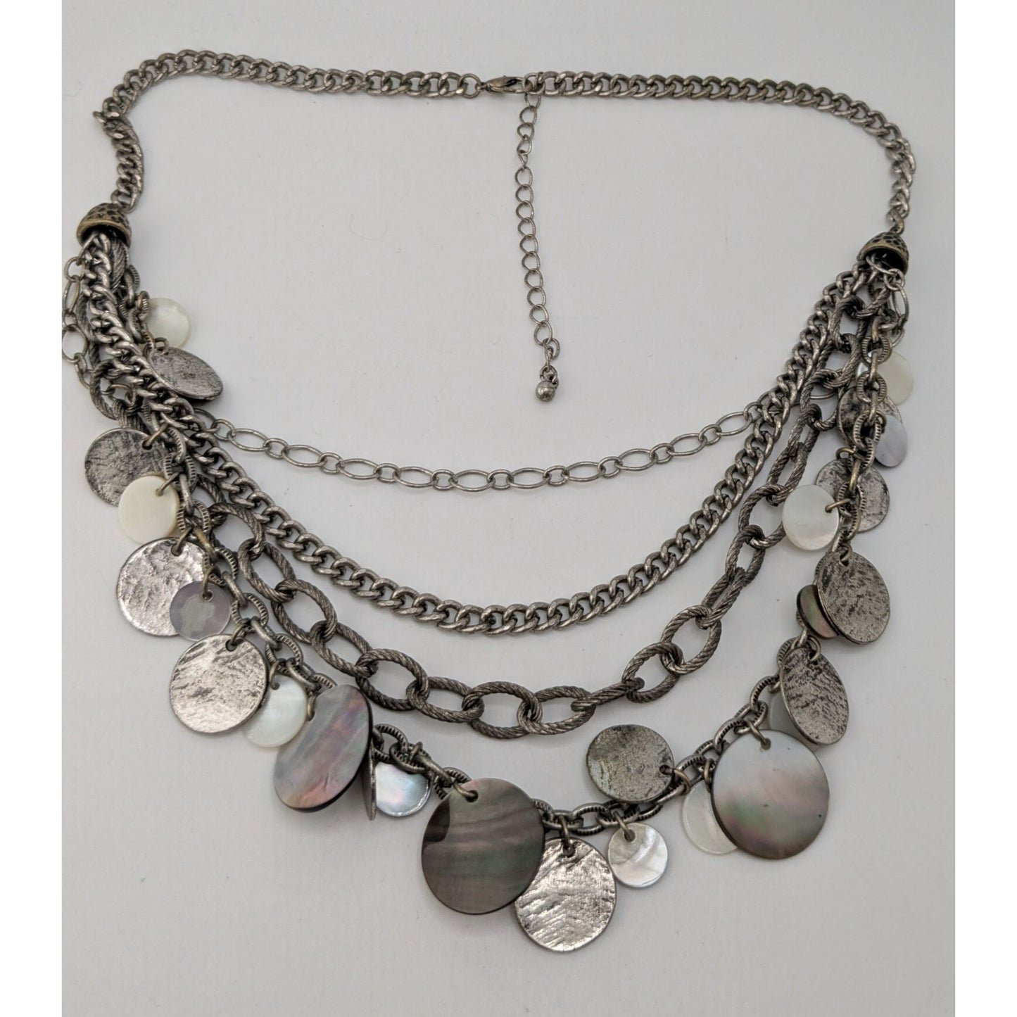 Vintage Layered Chain Necklace Silver Tone Shell Disc Charm Boho Festival