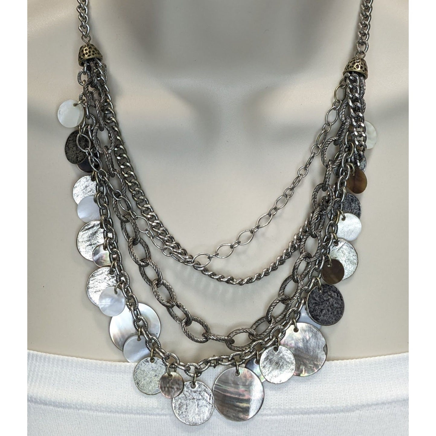 Vintage Layered Chain Necklace Silver Tone Shell Disc Charm Boho Festival