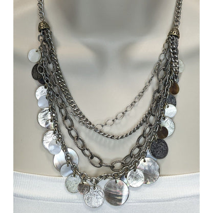 Vintage Layered Chain Necklace Silver Tone Shell Disc Charm Boho Festival