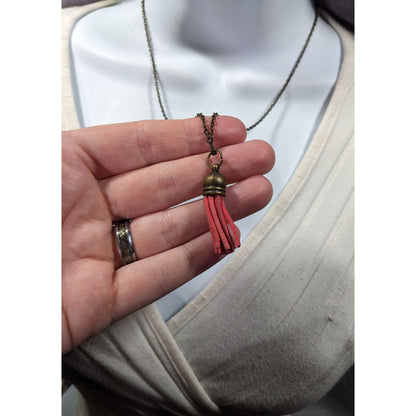 Quirky Antiqued Gold Tone Chain Red Tassel Necklace