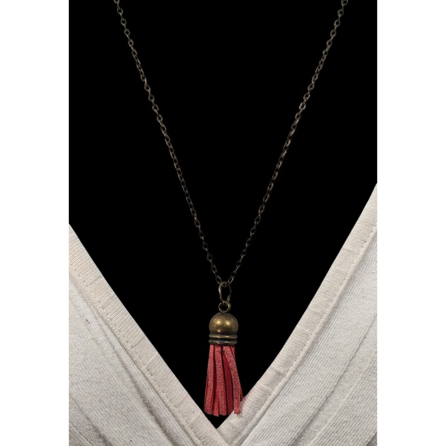 Quirky Antiqued Gold Tone Chain Red Tassel Necklace