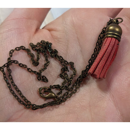 Quirky Antiqued Gold Tone Chain Red Tassel Necklace