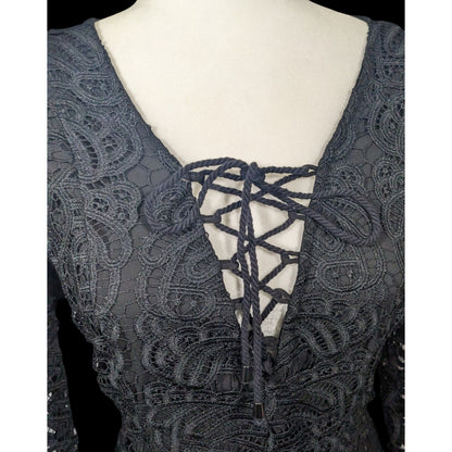 Tularosa Gothic Coal Black Lace Bell Sleeve Tie Front Dress Size Medium