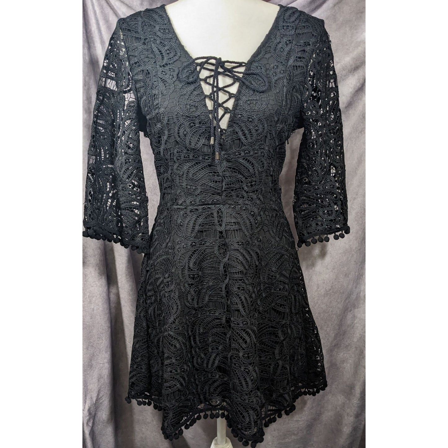 Tularosa Gothic Coal Black Lace Bell Sleeve Tie Front Dress Size Medium