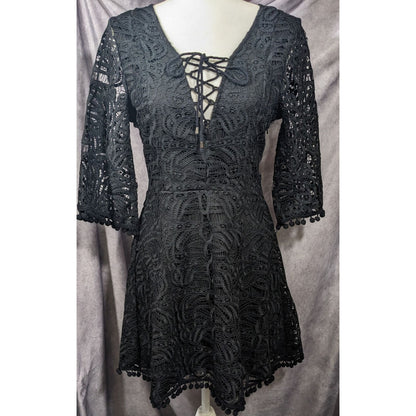 Tularosa Gothic Coal Black Lace Bell Sleeve Tie Front Dress Size Medium