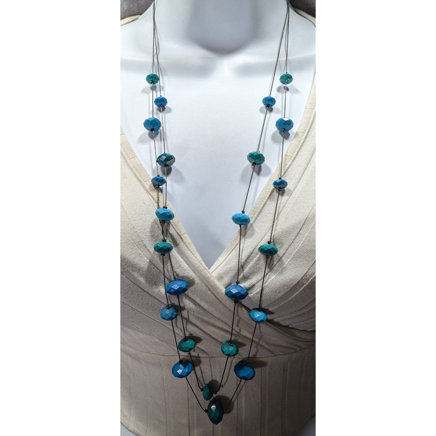 Mermaidcore Layered Blue & Teal Beaded Station Necklace With Silver Tone Chain