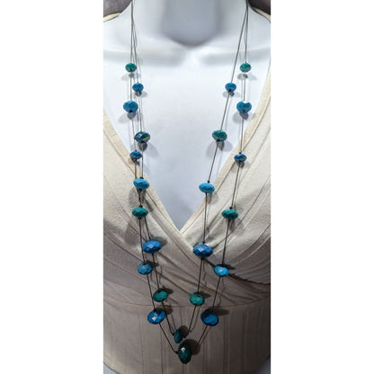 Mermaidcore Layered Blue & Teal Beaded Station Necklace With Silver Tone Chain