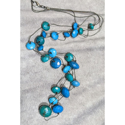 Mermaidcore Layered Blue & Teal Beaded Station Necklace With Silver Tone Chain