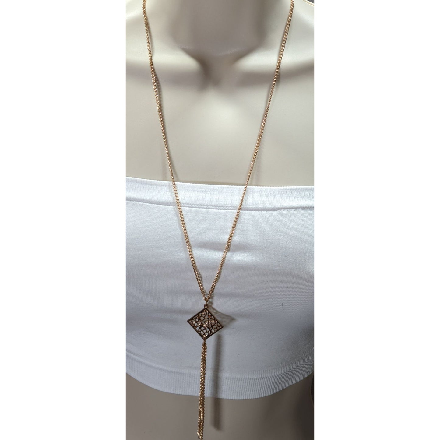 Bohemian Floral Gold-Tone Filigree Pendant Necklace With Multi-Strand Tassel Detail