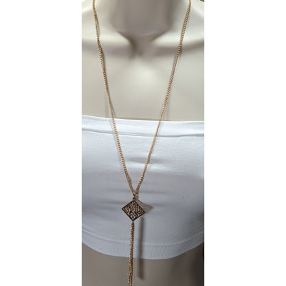 Bohemian Floral Gold-Tone Filigree Pendant Necklace With Multi-Strand Tassel Detail