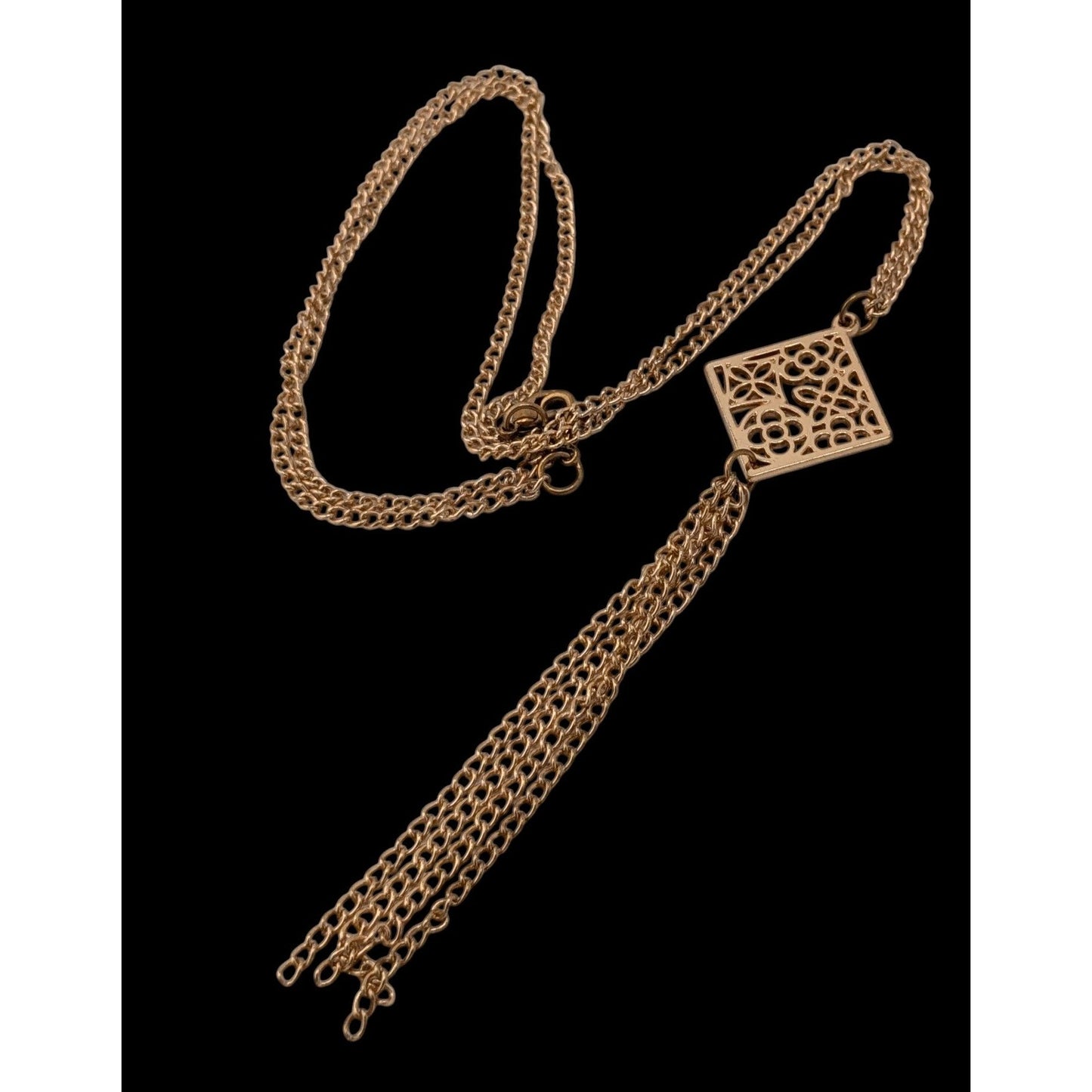 Bohemian Floral Gold-Tone Filigree Pendant Necklace With Multi-Strand Tassel Detail