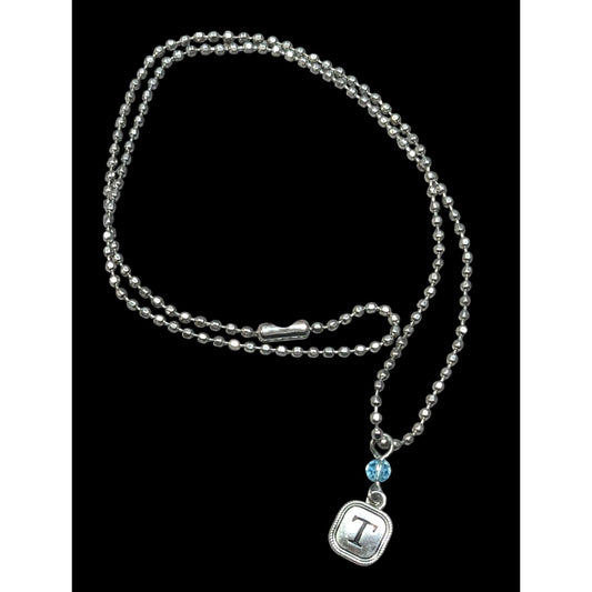 Minimalist Letter T Pendant Necklace With Blue Accent Bead
