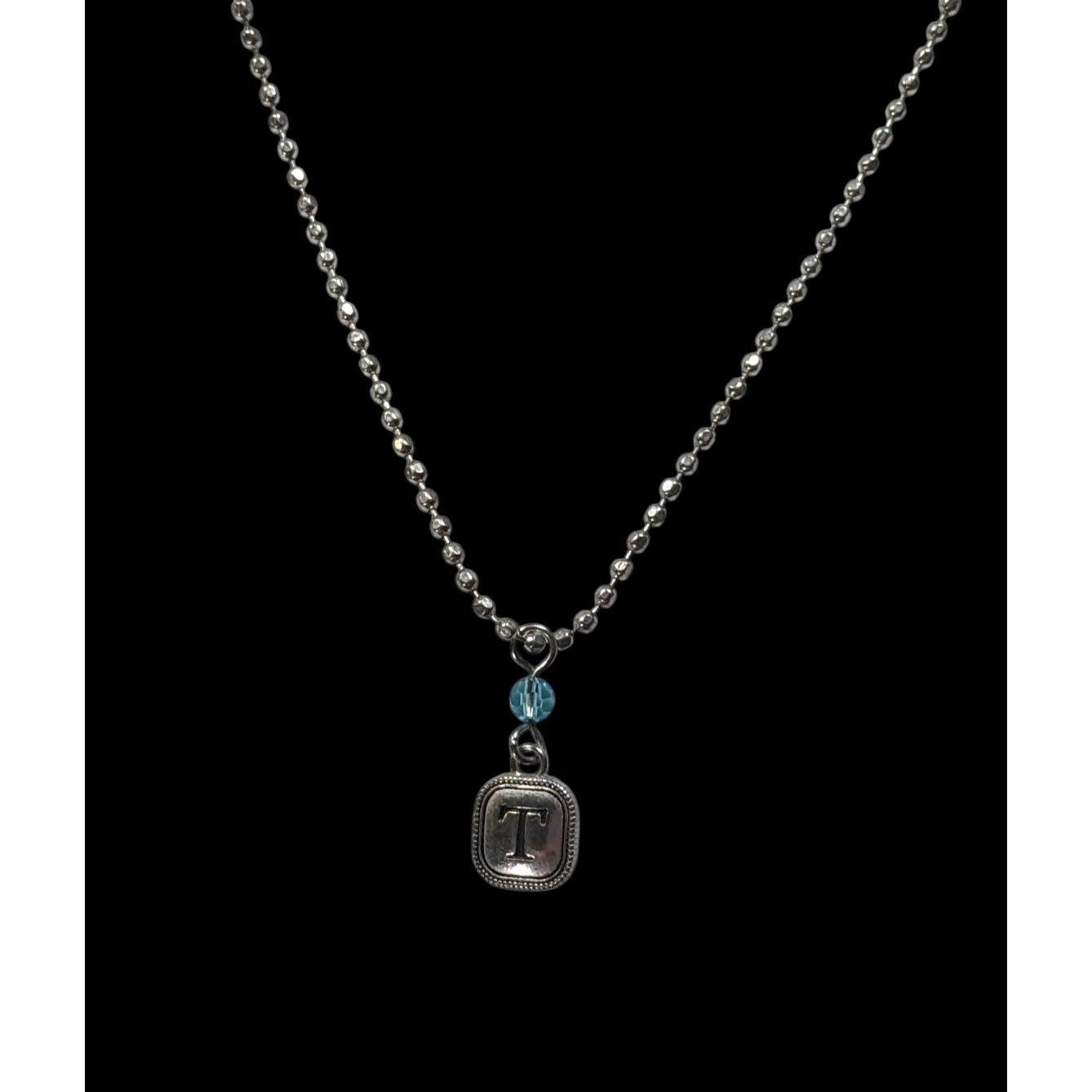 Minimalist Letter T Pendant Necklace With Blue Accent Bead