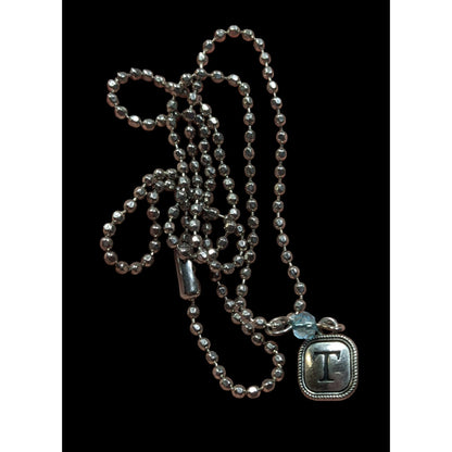 Minimalist Letter T Pendant Necklace With Blue Accent Bead