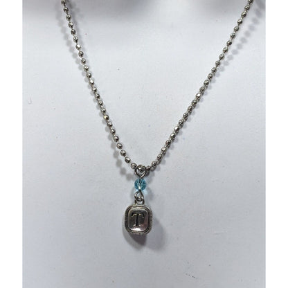 Minimalist Letter T Pendant Necklace With Blue Accent Bead