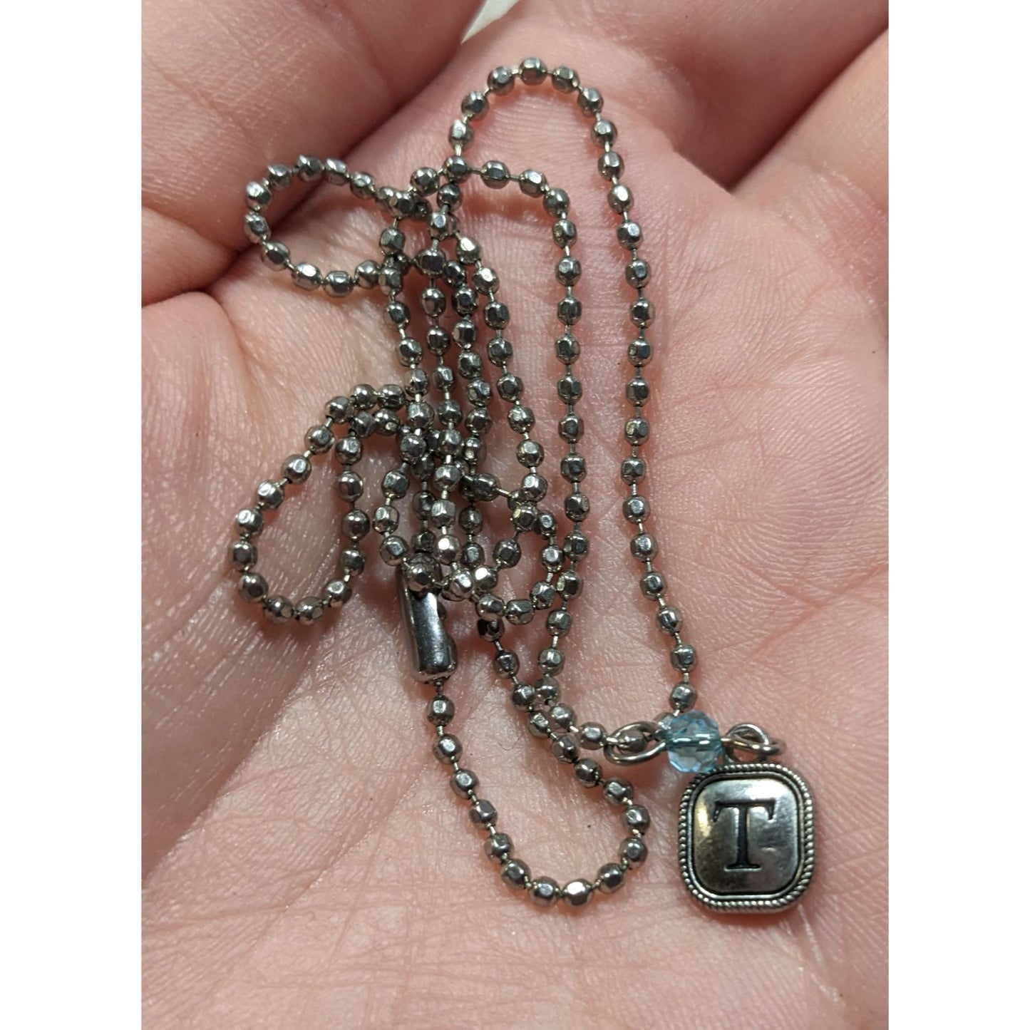 Minimalist Letter T Pendant Necklace With Blue Accent Bead